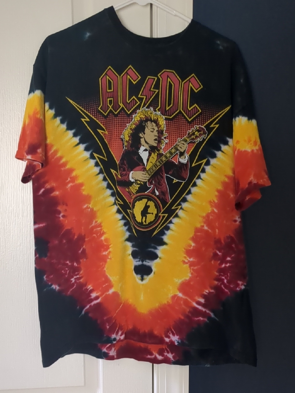 AC/DC Black Tie-Dye Tee with Red and Yellow V Graphic